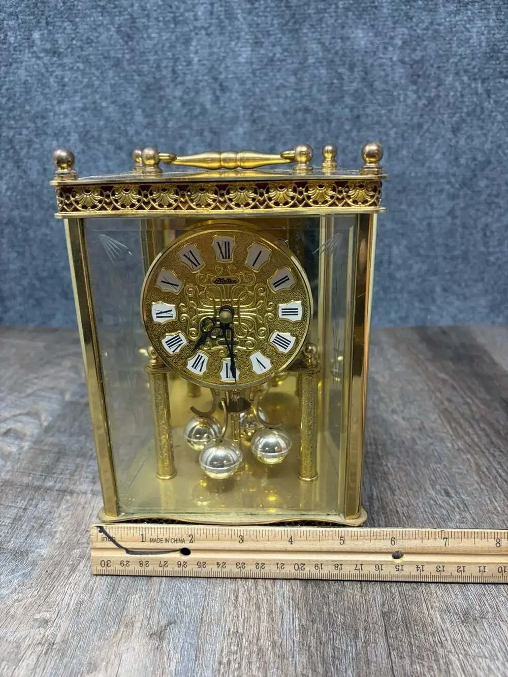 Haller Quartz Anniversary Mantel Clock Rotating Pendulum Glass brass W. Germany